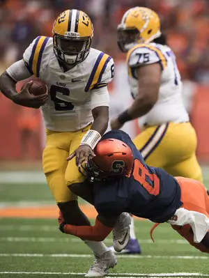 Syracuse safety Antwan Cordy tallied eight tackles and a sack in the Orange's 34-24 loss to No. 8 LSU.