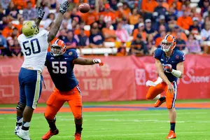 Rob Trudo (55) is Syracuse's starting center and will be a game-time decision for its 12:30 p.m. game against Central Michigan on Saturday. 