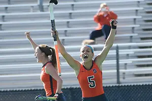 Alyssa Manley celebrates a goal in Syracuse's 9-1 rout of Cornell on Sunday. SU scored seven second-half goals.
