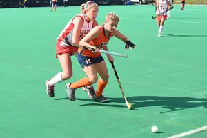 Syracuse forward Emma Tufts boxes out a Cornell defender from reaching the ball in the Orange's 9-1 blowout win.