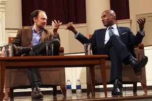 (From left to right) Ross Douthat and Charles Blow, two op-ed columnists for The New York Times, debated what should be done about social inequality at the third University Lecture Tuesday evening in Hendricks Chapel.  