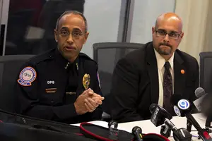 (From Left) DPS Chief Bobby Maldonado and Chief Law Enforcement Officer Tony Callisto said the Orange Alert was called off last night because they were confident the suspects had fled the area.