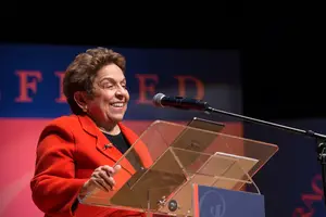 Donna Shalala speaks after receiving the George Arents Award, the highest Syracuse University alumni honor. Shalala returned to SU on Friday to talk about ethical leadership in higher education.