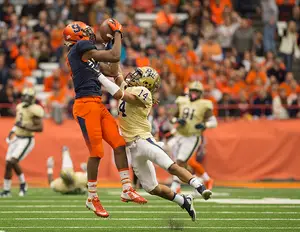 Steve Ishmael has been Syracuse's top receiver in 2015. Before he came to Syracuse he needed to put on muscle, since his strength was his greatest weakness early in his high school career. 