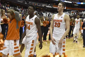 Kaleb Joseph (14) and Tyler Lydon were the first two SU players off the bench on Friday night against Lehigh.