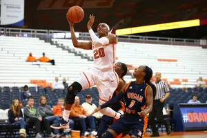 Brittney Sykes leaps toward the basket going for a layup against Morgan State in the Carrier Dome on Monday night.
