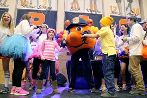 Carly and Scotty Fura appear onstage alongside Otto at the first OttoTHON, which was held in the Women's building last year. 