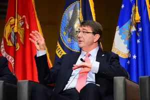 Secretary of Defense Ash Carter speaks at SU in March. Carter is quoted in the section of an SU report devoted to the creation of the NVRC.
