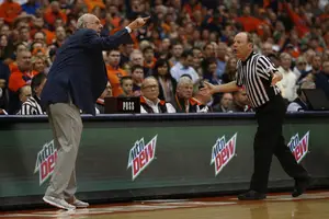 Jim Boeheim yells command during Syracuse's game against Georgia Tech on Saturday. The Orange won by three points.