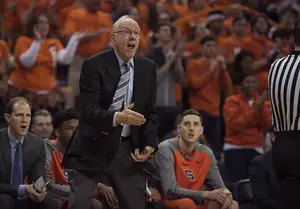 Syracuse head coach Jim Boeheim yells toward a referee in the Orange's eight-point loss to Virginia on Sunday night. Here are three things he said after the game.