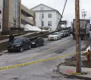 Three telephone poles fell on Thursday afternoon after a Pepsi truck hit a low-hanging power line at the intersection of Comstock Avenue and Marshall Street.