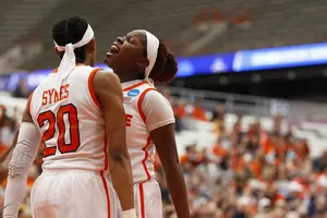 Alexis Peterson and Brittney Sykes led Syracuse with 22 and 24 points, respectively. Syracuse beat 13th-seeded Army and 12th-seeded Albany to advance to the Sweet 16. 