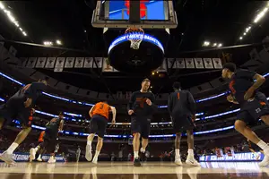 Syracuse practices before on Thursday, one day before it will take on Gonzaga in the Sweet 16 at 9:40 in Chicago. Its practice times have been thrown out of whack by NCAA Tournament games at various times. 
