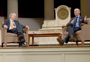 (From left) Rick Burton, a professor of sport management at SU, and Don Garber, commissioner of Major League Soccer, spoke Tuesday in Hendricks Chapel about some of the challenges and opportunities MLS currently faces.