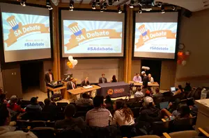 Three sets of candidates squared off for an hour inside Stolkin Auditorium, discussing the ideas they plan to implement if elected.