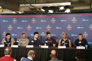 Tony Bennett (far right) has owned Jim Boeheim since Syracuse joined the ACC with a record of 3-0 against the Hall-of-Fame coach. He spoke about Boeheim's squad on Saturday. 
