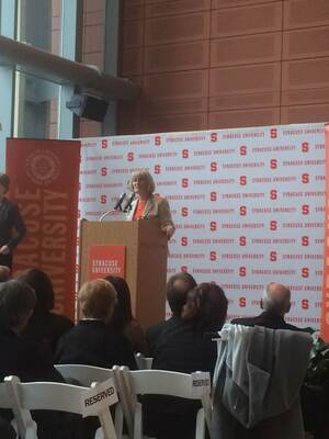 Michele Wheatly addressed members of the SU community inside the Life Sciences Complex on Monday afternoon.