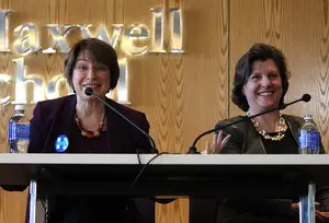 (From left) Sen. Amy Klobuchar (D-Minn.) and Syracuse Mayor Stephanie Miner talked about their experiences in dealing with sexism in the workplace in Eggers Hall on Monday.