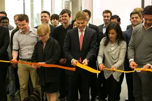 University officials and invited guests attend a ribbon cutting ceremony of Blackstone Launchpad entrepreneurship program on the first floor of Bird Library Tuesday afternoon.