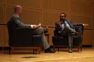 Film critic A.O. Scott spoke to a nearly full audience at the Joyce Hergenhan Auditorium in the S.I. Newhouse School of Public Communications on Tuesday night, discussing his new book “Better Living Through Criticism: How to Think About Art, Pleasure, Beauty, and Truth.”