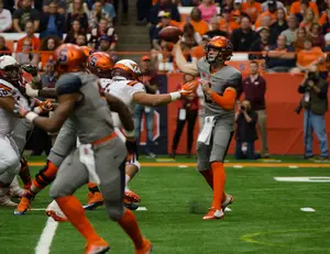 Eric Dungey is the first player in Syracuse history to pass for over 300 yards and run for over 100 in a single game.