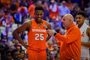 Freshmen Tyus Battle (25) and Matthew Moyer (right) are part of a six-person group of new weapons Jim Boeheim can deploy this season. Battle, Moyer, Taurean Thompson, Andrew White, John Gillon and Paschal Chukwu add to SU's depth.