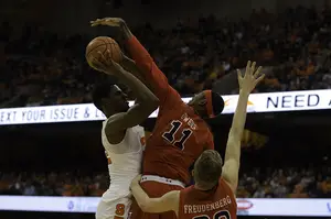 Taurean Thompson gets stuffed, a microcosm of a blowout loss to St. John's on Wednesday night. 