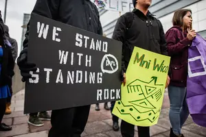 Students marched in support of the protesters at Standing Rock. The protesters oppose the Dakota Access Pipeline, which would run under Lake Oahe, the main source of water for the Standing Rock Sioux. 