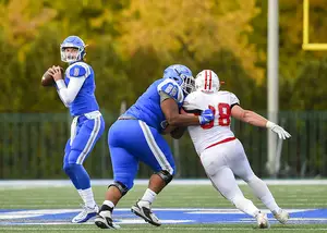 CCSU 6-foot-6 sophomore quarterback Jacob Dolegala leads the Blue Devils into the Carrier Dome on Friday night at 7 p.m. in what's a homecoming for him and his brother. 