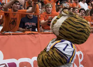 Ben Castaneda, a former Syracuse student, taunts LSU's mascot when the two teams played one another in the Carrier Dome in 2015.