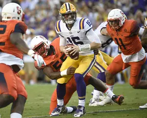 The D-line got after LSU QBs Danny Etling (pictured) and Myles Brennan from whistle to whistle on Saturday night. 