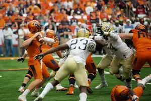 Syracuse's offensive line struggled to protect Dungey against Pittsburgh on Saturday.