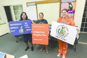 Kacey Chopito (left), Regina Jones (middle) and Skye Wiegman (right) are promoting Indigenous Peoples Day, which Syracuse University will celebrate for the second year. 