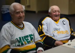Marshall Webster (left) and Dick Lynch (right) have known each other for most of their lives – Webster coached Lynch during his high school ice hockey years.