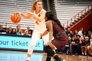 Tiana Mangakahia recorded another double-double on Thursday, this time with 19 points and 14 assists. This photo is from Syracuse's win over Maryland Eastern Shore on Nov. 16.