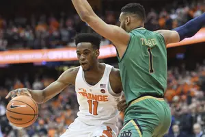 Oshae Brissett handles the ball against Notre Dame. He and Tyus Battle are both averaging over 40 minutes per game in conference play.
