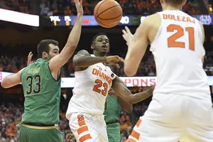 Frank Howard pictured against Notre Dame. The Orange started slow, but were able to turn it around in the second half eventually forcing two overtimes.