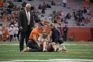 Morgan Widner went down late in the first half on Thursday against Albany and immediately grabbed her right knee.