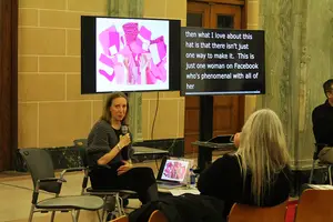 Jayna Zweiman, a co-founder of the Pussyhat Project, spoke in Slocum Hall on Monday. 