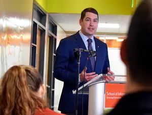 Mayor Ben Walsh spoke briefly at the School of Information Studies during a press conference on Wednesday.