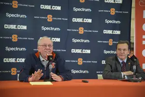 John Wildhack, pictured last year on the right, spoke with The Daily Orange about Syracuse Athletics.
