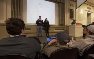 James Franco (left) and Angie Pati, Syracuse University’s current Student Association president and vice president, respectively, discussed several initiatives during the organization’s Monday night meeting.
