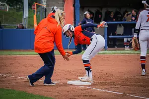 Alicia Hansen, pictured here in 2017, knocked in two bombs for the Orange on Sunday.