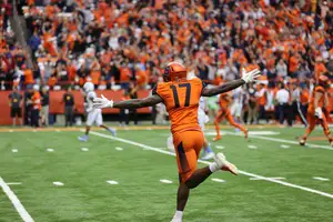 Jamal Custis celebrates after Tommy DeVito's game-tying touchdown pass to Nykeim Johnson near the end of regulation.