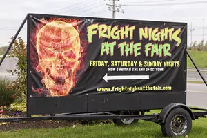 Fright Nights at the Fair features five themed haunted houses at the New York State Fairgrounds, including “Jurassic Dark” and “Revenge of ‘IT’” houses.
