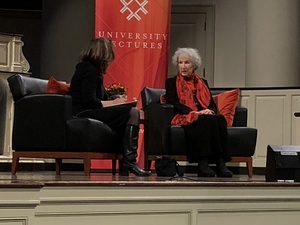 Margaret Atwood (right), the author of the “The Handmaid’s Tale” spoke with Dana Spiotta, a novelist and professor of English at SU, in Hendricks Chapel on Thursday night.