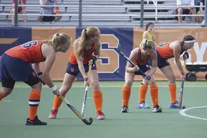 Syracuse players line up for a penalty corner against Bucknell.
