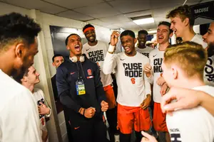 Elijah Hughes, firing up Syracuse before an NCAA Tournament game last season, will play a prominent role after sitting out last year.