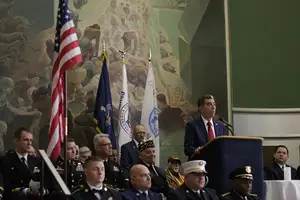 New York state Assemblyman Bill Magnarelli speaks at Sunday’s Veterans Day ceremony. 