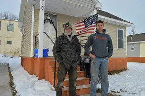 Andrew Lunetta (right), a Syracuse University alum, founded A Tiny Home for Good, a nonprofit organization created to combat homelessness in Syracuse. Dale Spicer is one of the residents and a long-time volunteer for the organization.